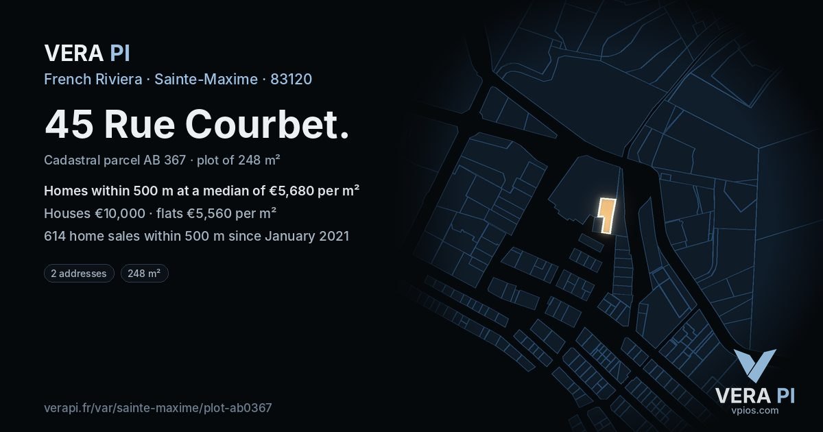 45 Rue Courbet, Sainte-Maxime at night – the plot lit, the parcels around coloured by the prices near them