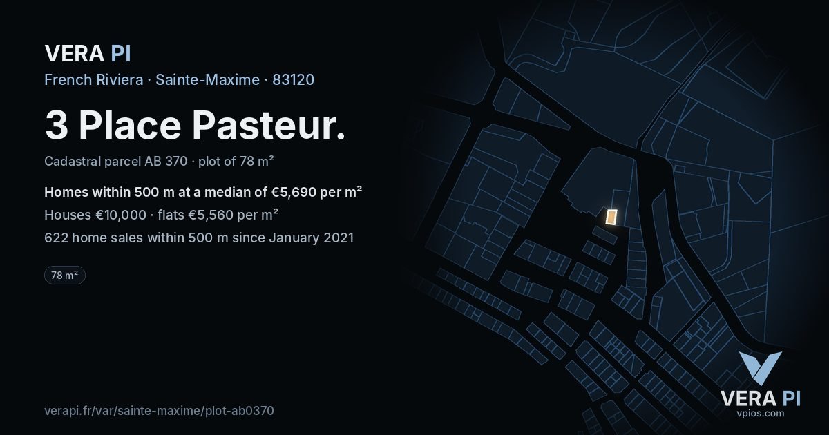 3 Place Pasteur, Sainte-Maxime at night – the plot lit, the parcels around coloured by the prices near them