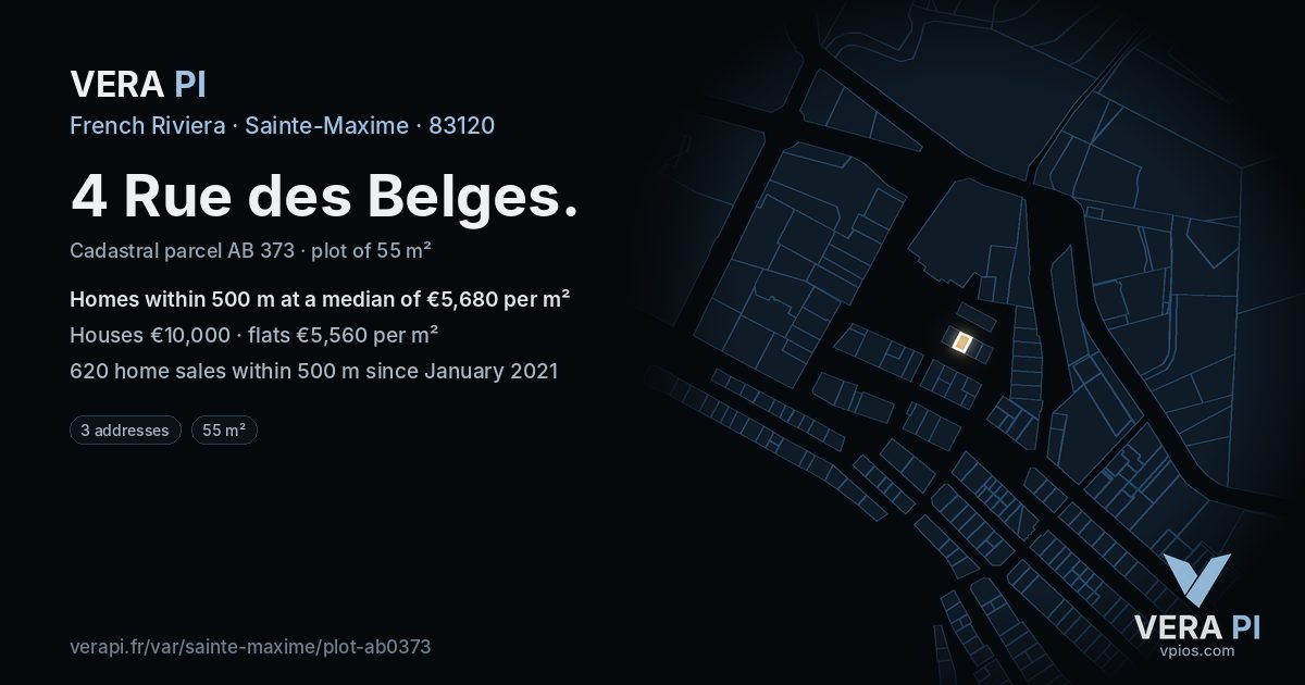 4 Rue des Belges, Sainte-Maxime at night – the plot lit, the parcels around coloured by the prices near them