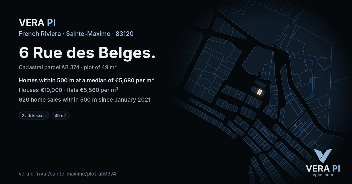 6 Rue des Belges, Sainte-Maxime at night – the plot lit, the parcels around coloured by the prices near them