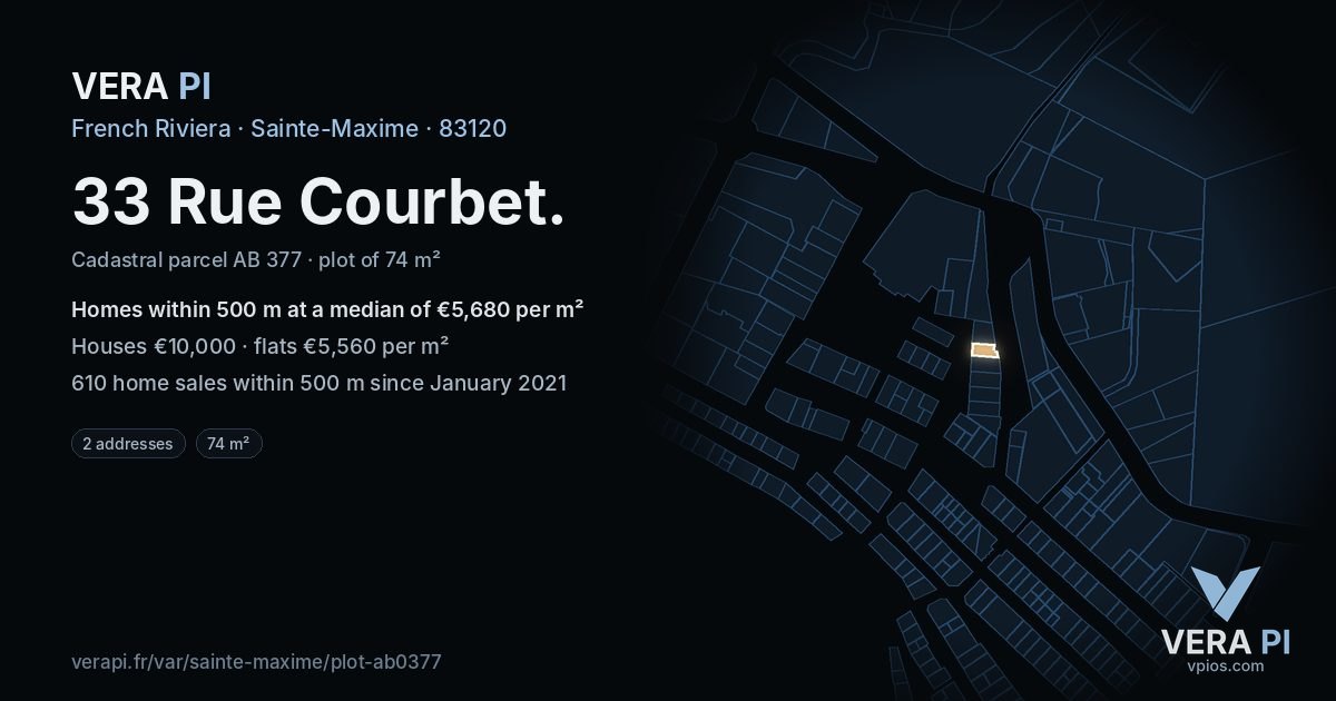 33 Rue Courbet, Sainte-Maxime at night – the plot lit, the parcels around coloured by the prices near them