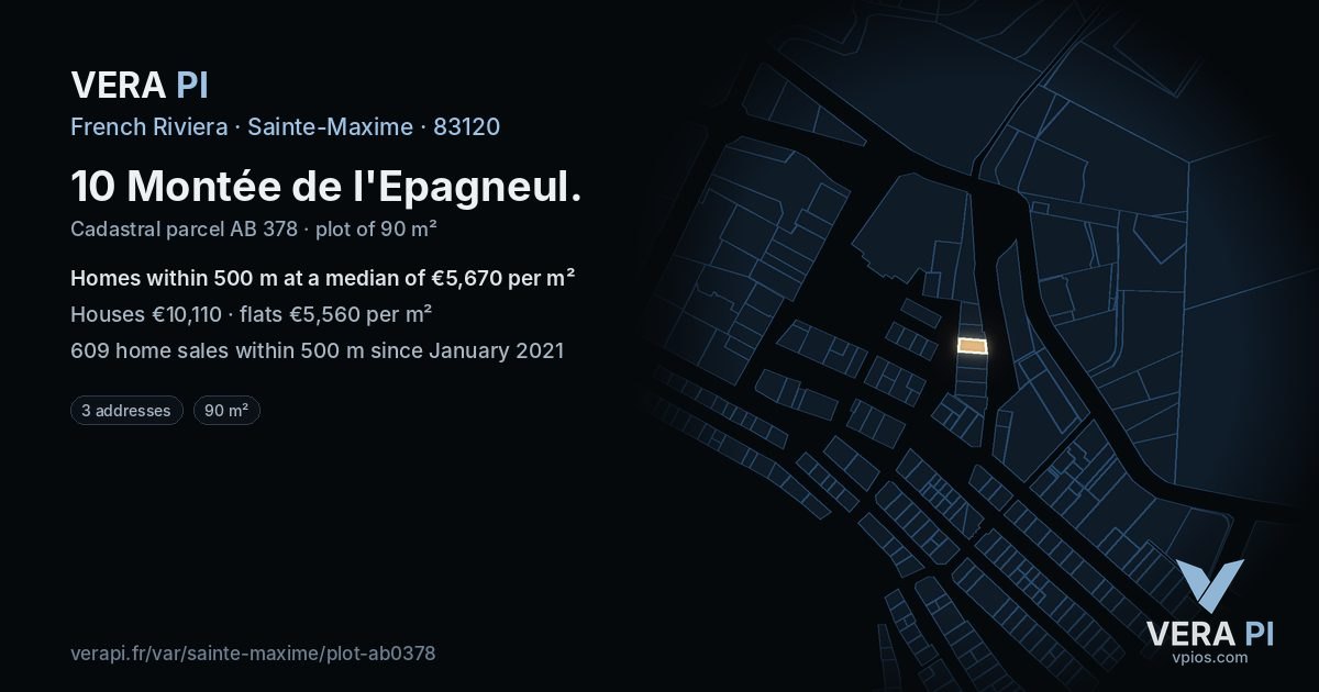 10 Montée de l'Epagneul, Sainte-Maxime at night – the plot lit, the parcels around coloured by the prices near them