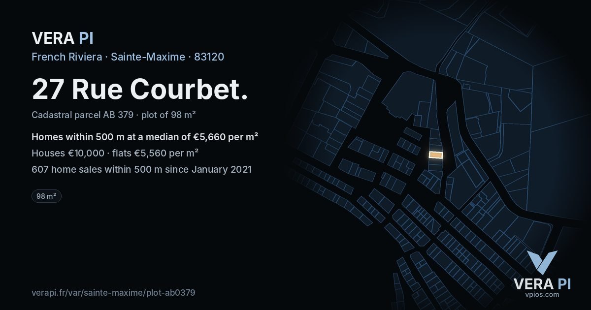 27 Rue Courbet, Sainte-Maxime at night – the plot lit, the parcels around coloured by the prices near them