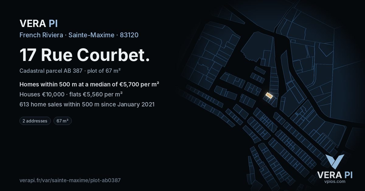 17 Rue Courbet, Sainte-Maxime at night – the plot lit, the parcels around coloured by the prices near them