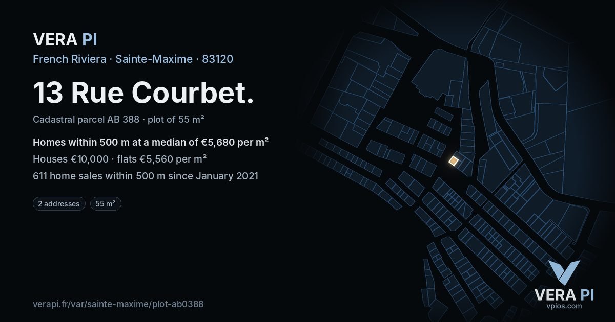 13 Rue Courbet, Sainte-Maxime at night – the plot lit, the parcels around coloured by the prices near them