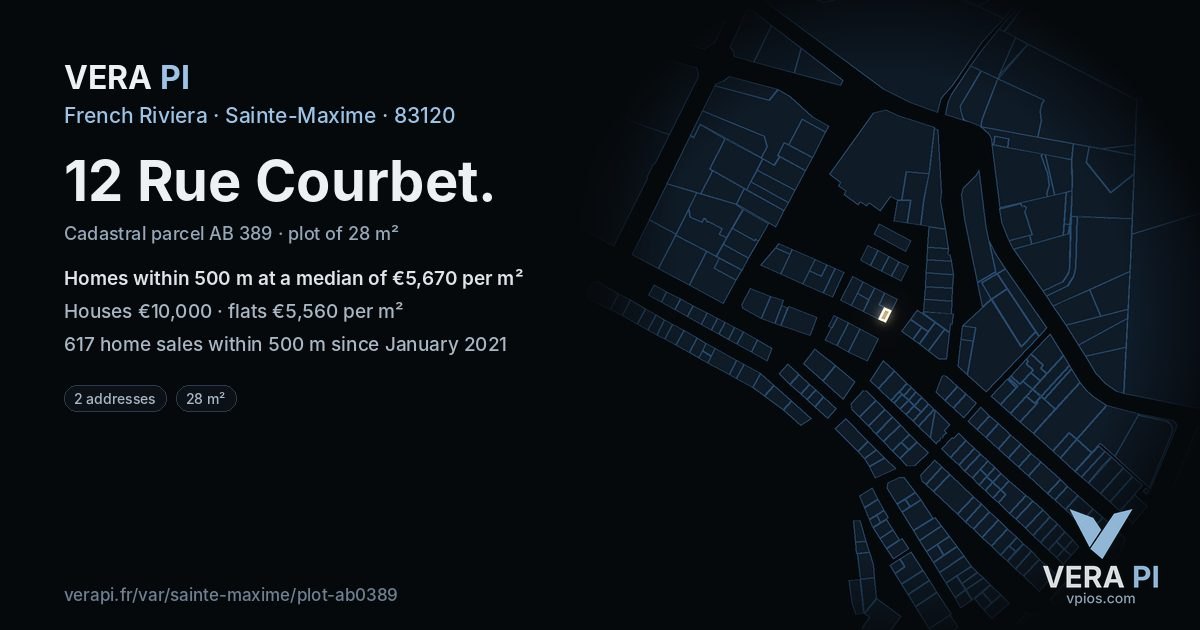 12 Rue Courbet, Sainte-Maxime at night – the plot lit, the parcels around coloured by the prices near them