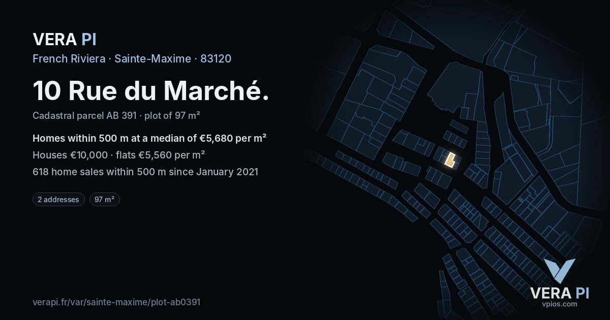 10 Rue du Marché, Sainte-Maxime at night – the plot lit, the parcels around coloured by the prices near them