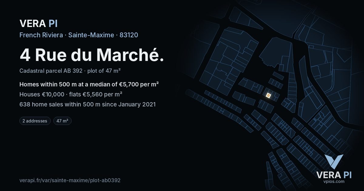 4 Rue du Marché, Sainte-Maxime at night – the plot lit, the parcels around coloured by the prices near them