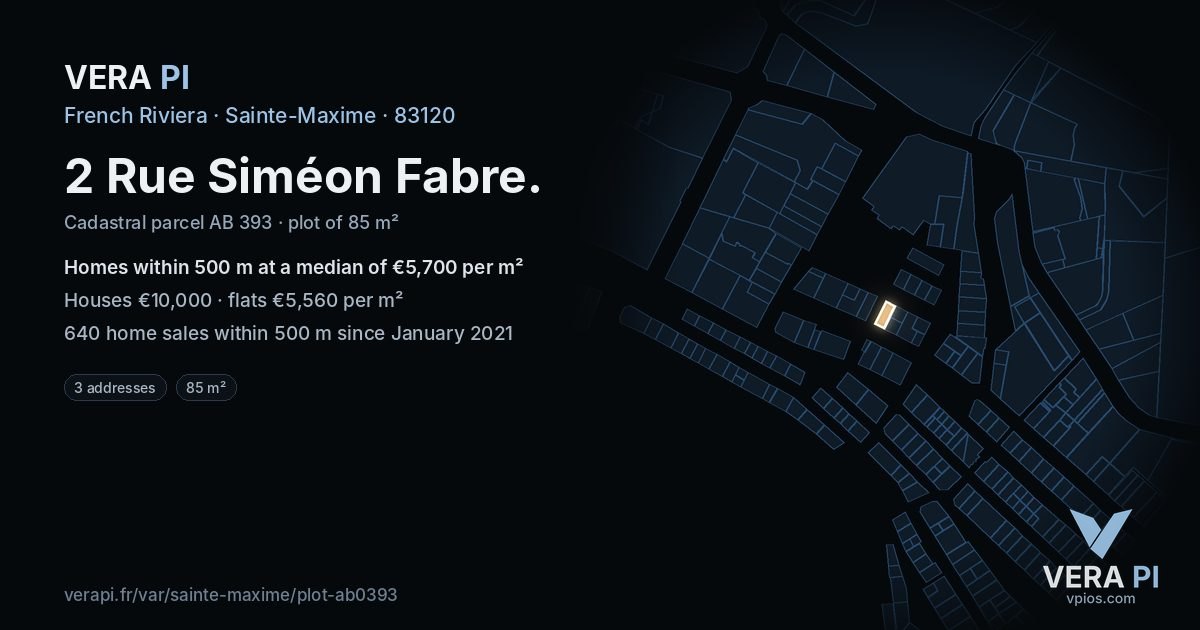 2 Rue Siméon Fabre, Sainte-Maxime at night – the plot lit, the parcels around coloured by the prices near them
