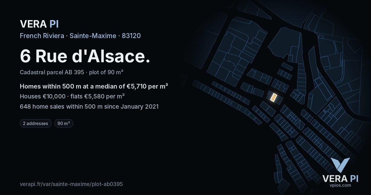 6 Rue d'Alsace, Sainte-Maxime at night – the plot lit, the parcels around coloured by the prices near them