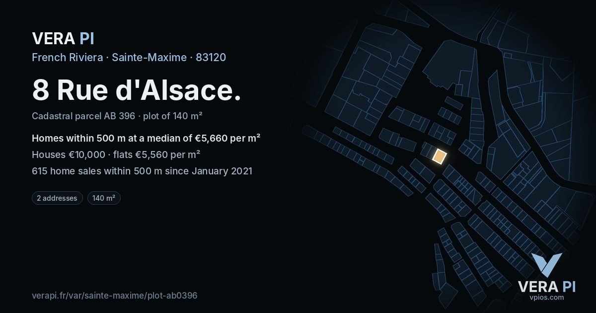 8 Rue d'Alsace, Sainte-Maxime at night – the plot lit, the parcels around coloured by the prices near them