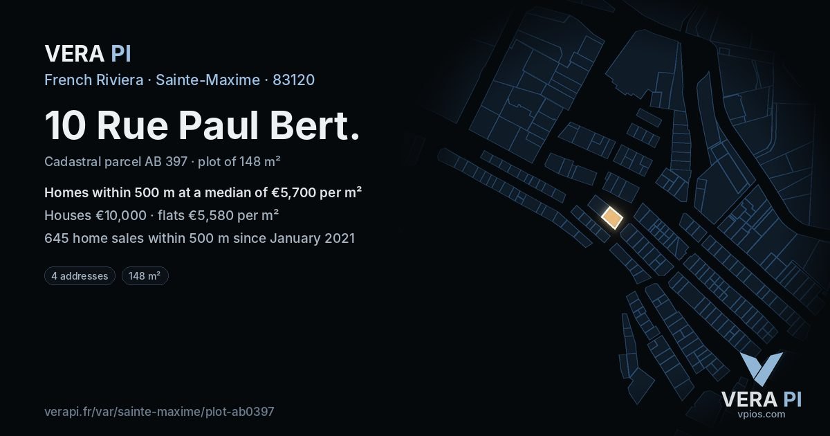 10 Rue Paul Bert, Sainte-Maxime at night – the plot lit, the parcels around coloured by the prices near them