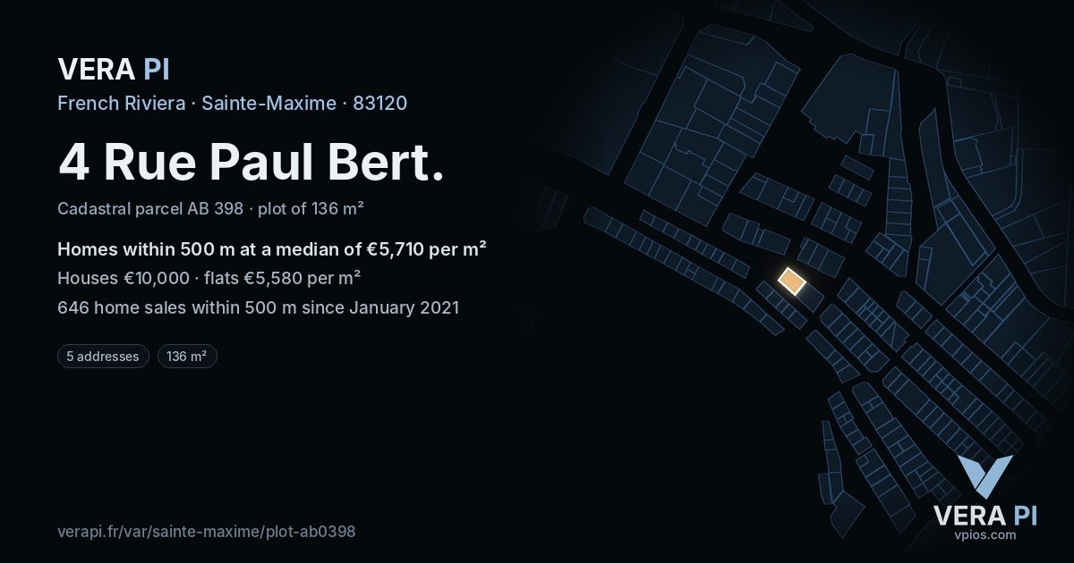 4 Rue Paul Bert, Sainte-Maxime at night – the plot lit, the parcels around coloured by the prices near them