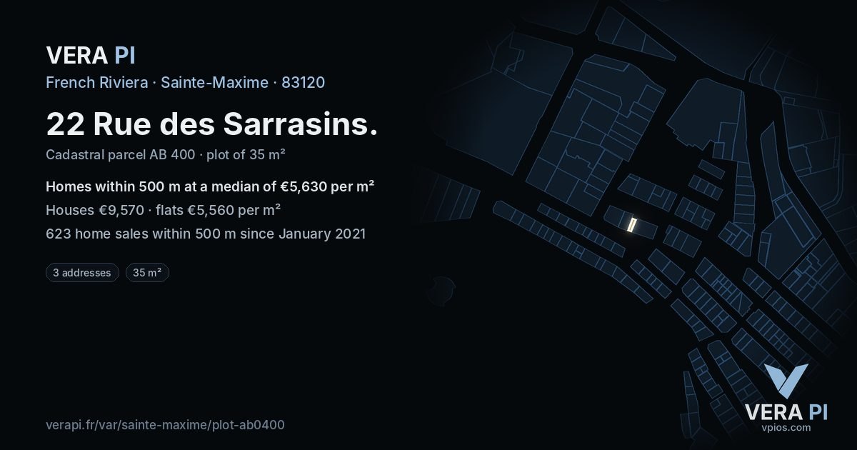 22 Rue des Sarrasins, Sainte-Maxime at night – the plot lit, the parcels around coloured by the prices near them