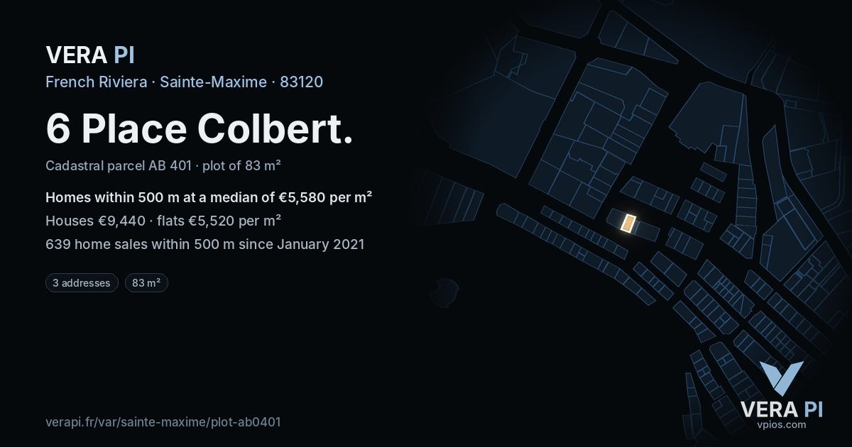 6 Place Colbert, Sainte-Maxime at night – the plot lit, the parcels around coloured by the prices near them