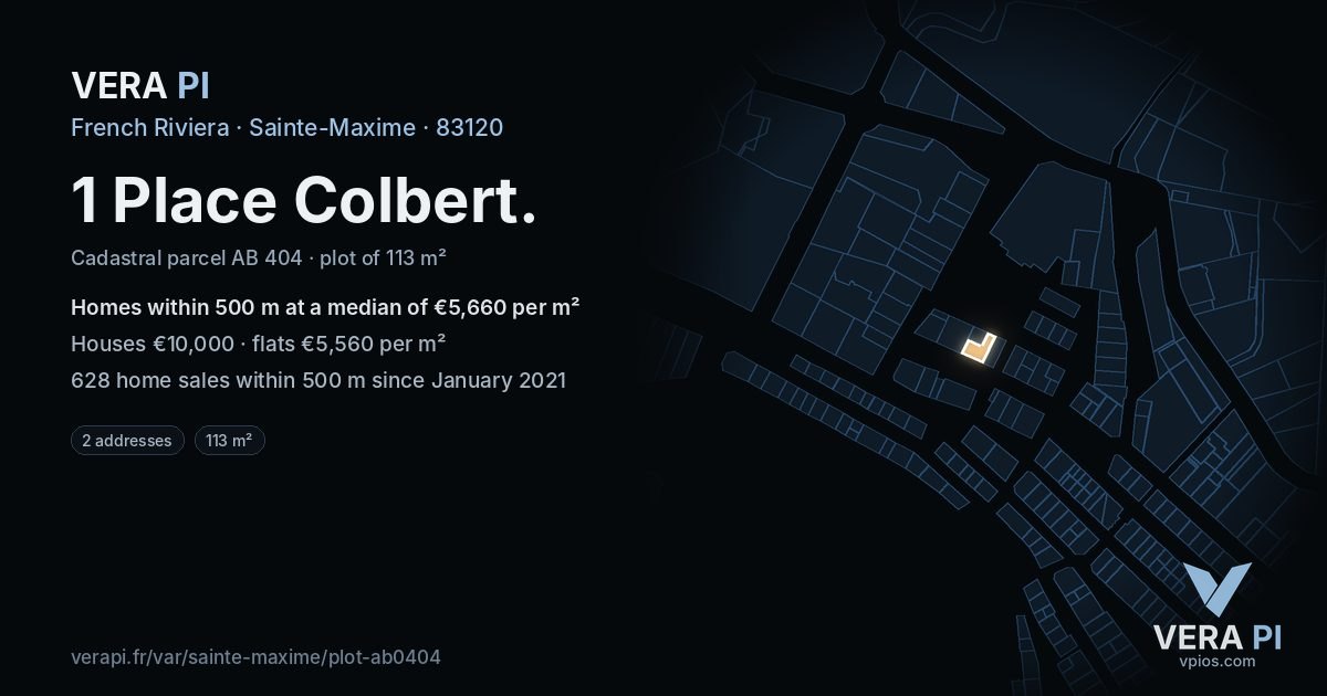 1 Place Colbert, Sainte-Maxime at night – the plot lit, the parcels around coloured by the prices near them