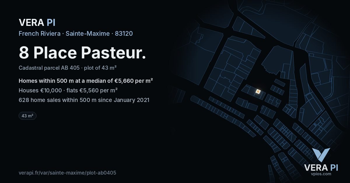 8 Place Pasteur, Sainte-Maxime at night – the plot lit, the parcels around coloured by the prices near them