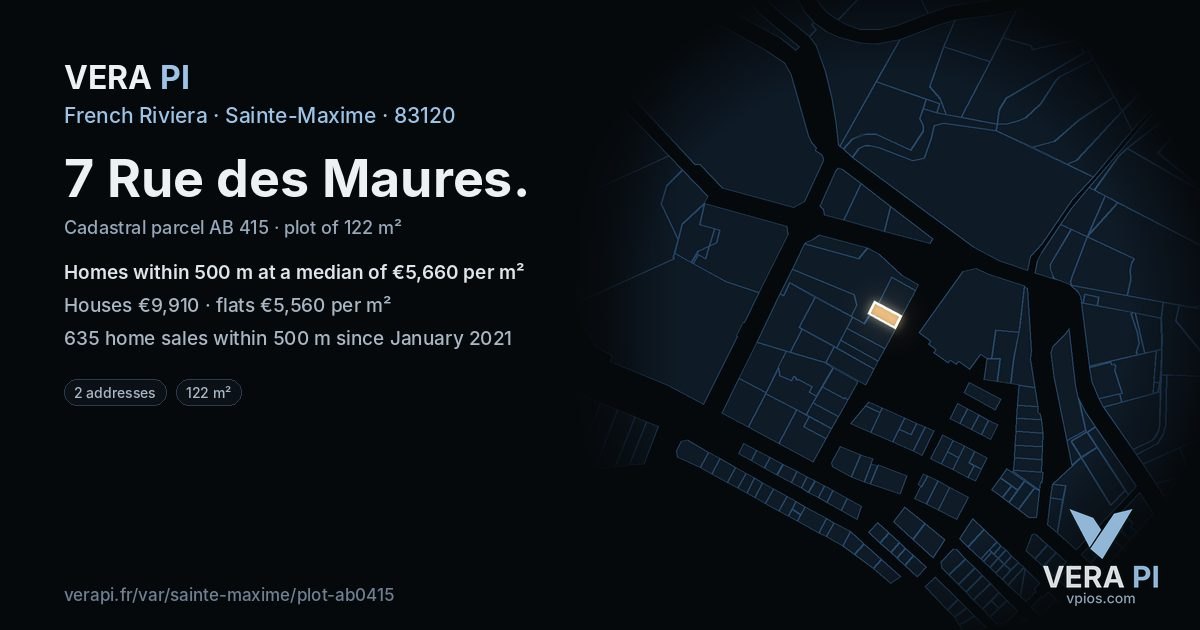 7 Rue des Maures, Sainte-Maxime at night – the plot lit, the parcels around coloured by the prices near them
