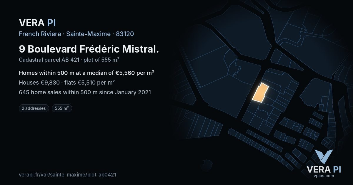 9 Boulevard Frédéric Mistral, Sainte-Maxime at night – the plot lit, the parcels around coloured by the prices near them