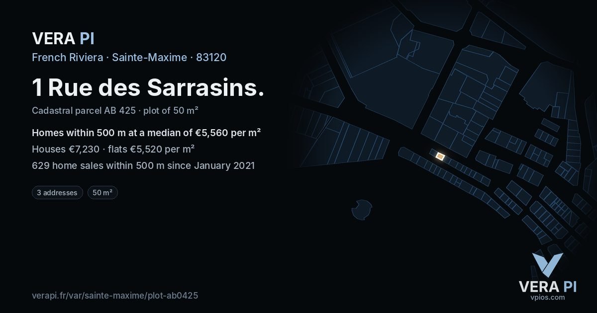 1 Rue des Sarrasins, Sainte-Maxime at night – the plot lit, the parcels around coloured by the prices near them