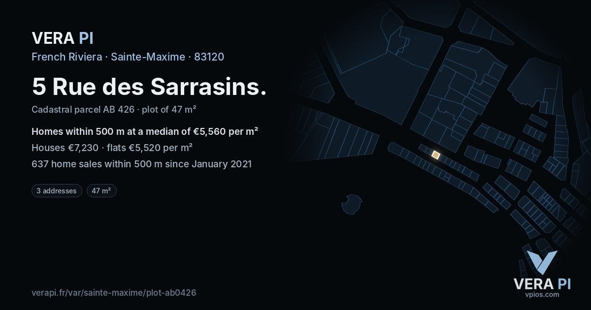5 Rue des Sarrasins, Sainte-Maxime at night – the plot lit, the parcels around coloured by the prices near them