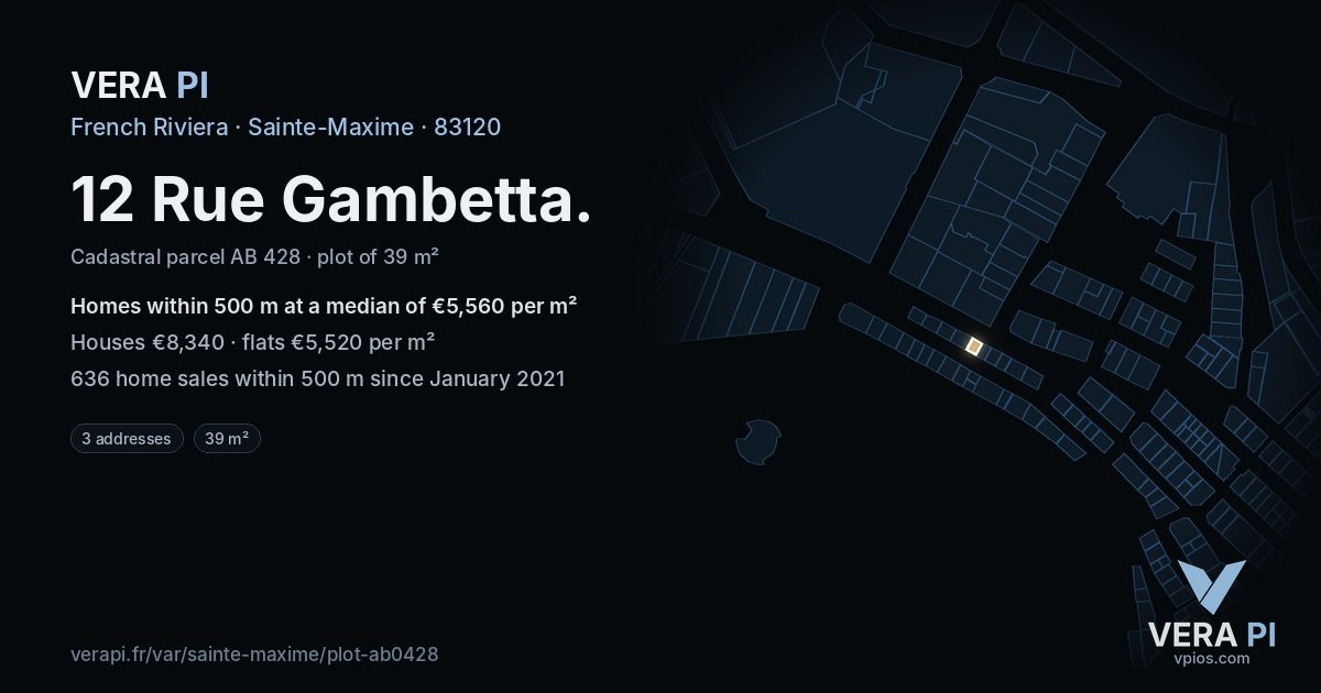 12 Rue Gambetta, Sainte-Maxime at night – the plot lit, the parcels around coloured by the prices near them