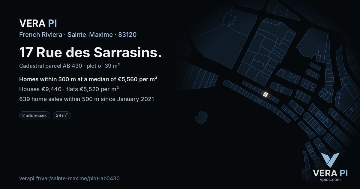 17 Rue des Sarrasins, Sainte-Maxime at night – the plot lit, the parcels around coloured by the prices near them