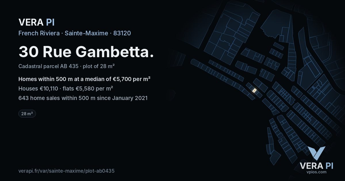 30 Rue Gambetta, Sainte-Maxime at night – the plot lit, the parcels around coloured by the prices near them
