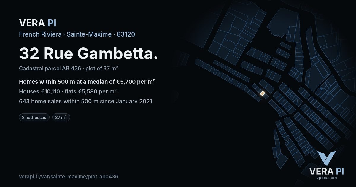32 Rue Gambetta, Sainte-Maxime at night – the plot lit, the parcels around coloured by the prices near them