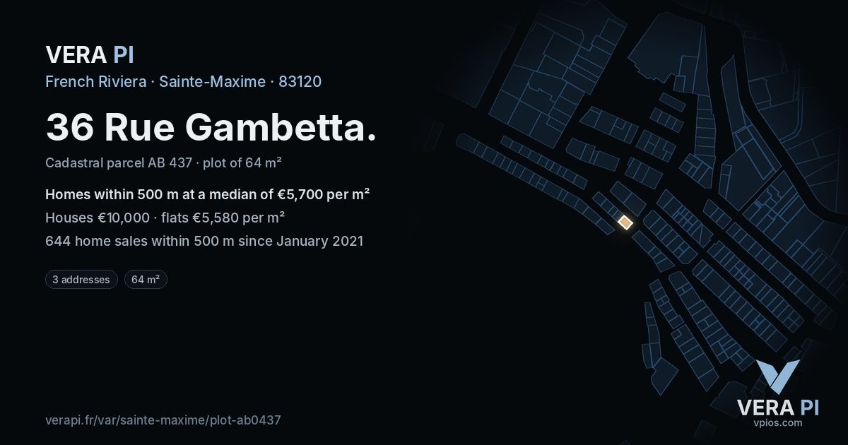 36 Rue Gambetta, Sainte-Maxime at night – the plot lit, the parcels around coloured by the prices near them