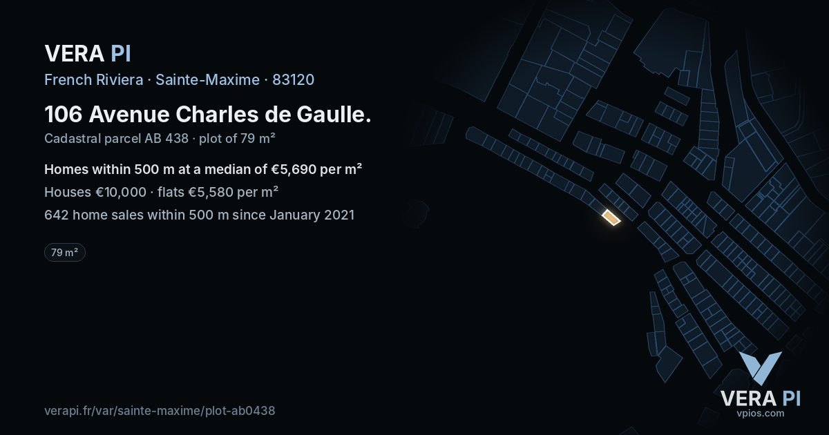 106 Avenue Charles de Gaulle, Sainte-Maxime at night – the plot lit, the parcels around coloured by the prices near them
