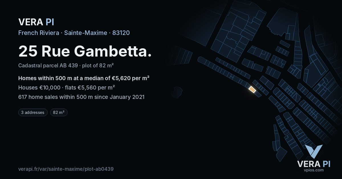 25 Rue Gambetta, Sainte-Maxime at night – the plot lit, the parcels around coloured by the prices near them