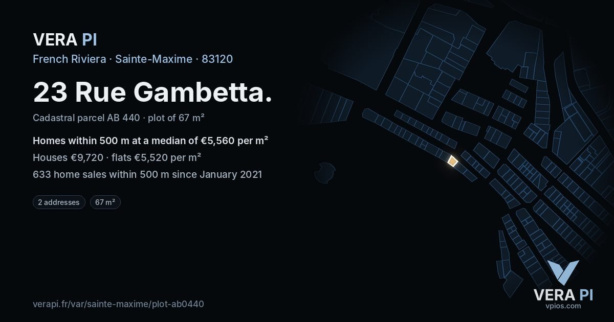 23 Rue Gambetta, Sainte-Maxime at night – the plot lit, the parcels around coloured by the prices near them