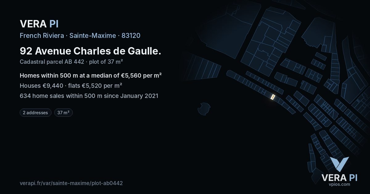 92 Avenue Charles de Gaulle, Sainte-Maxime at night – the plot lit, the parcels around coloured by the prices near them