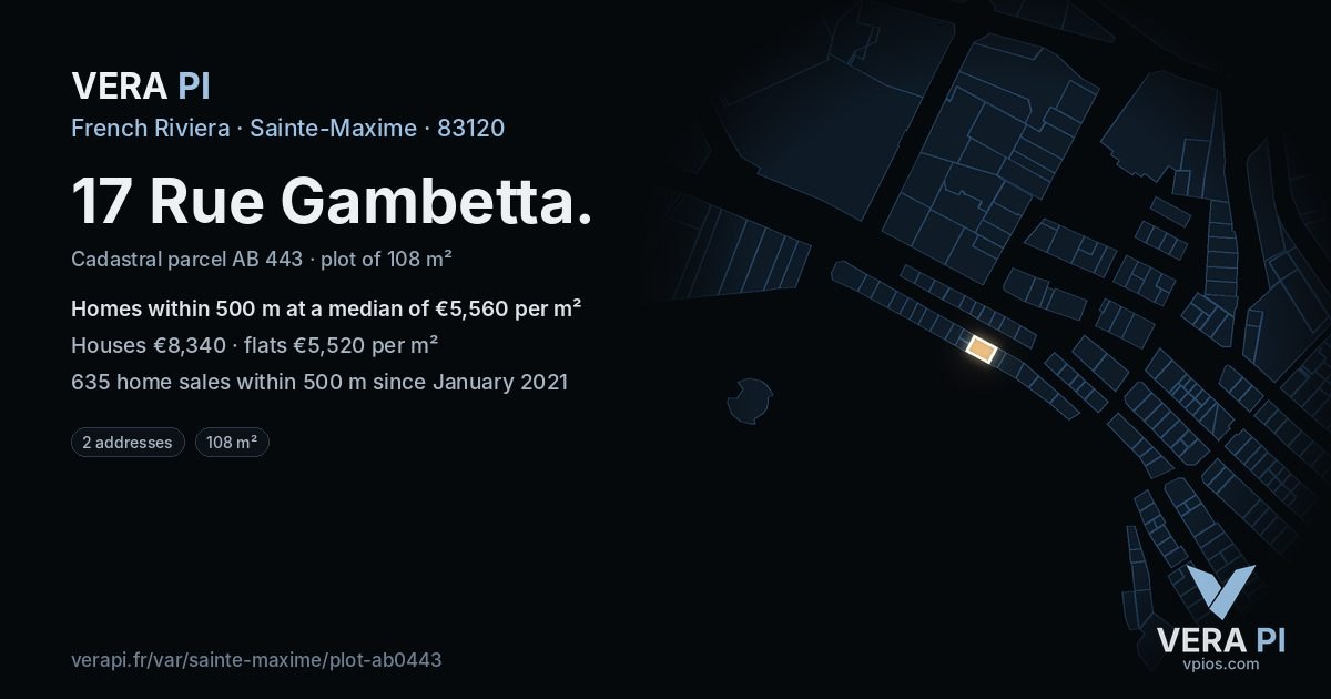 17 Rue Gambetta, Sainte-Maxime at night – the plot lit, the parcels around coloured by the prices near them
