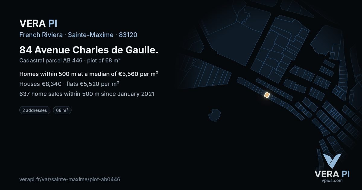 84 Avenue Charles de Gaulle, Sainte-Maxime at night – the plot lit, the parcels around coloured by the prices near them