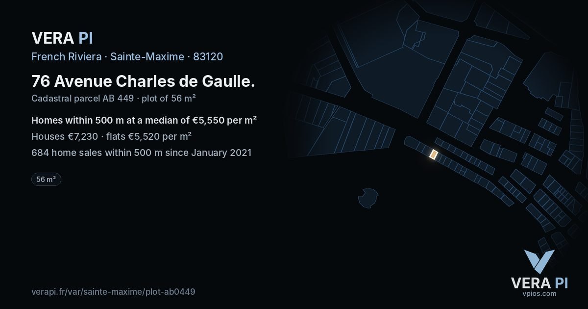 76 Avenue Charles de Gaulle, Sainte-Maxime at night – the plot lit, the parcels around coloured by the prices near them
