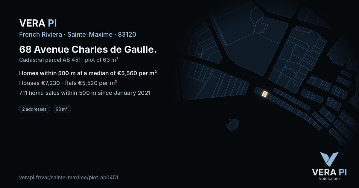 68 Avenue Charles de Gaulle, Sainte-Maxime at night – the plot lit, the parcels around coloured by the prices near them