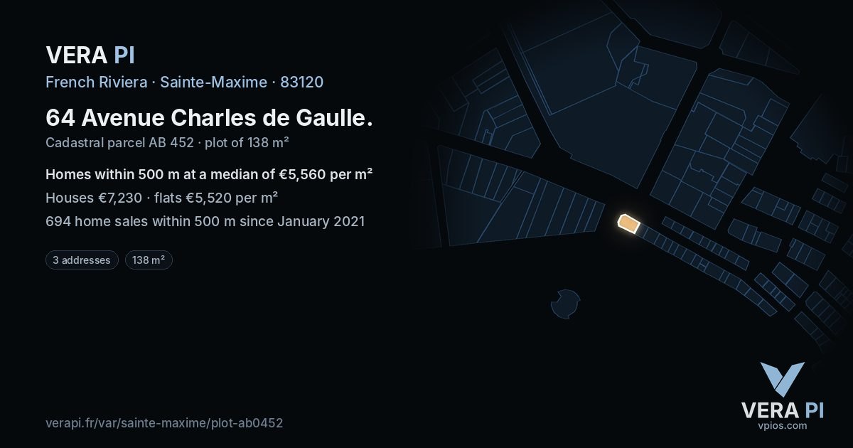 64 Avenue Charles de Gaulle, Sainte-Maxime at night – the plot lit, the parcels around coloured by the prices near them