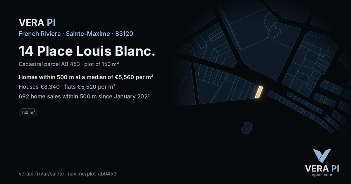 14 Place Louis Blanc, Sainte-Maxime at night – the plot lit, the parcels around coloured by the prices near them