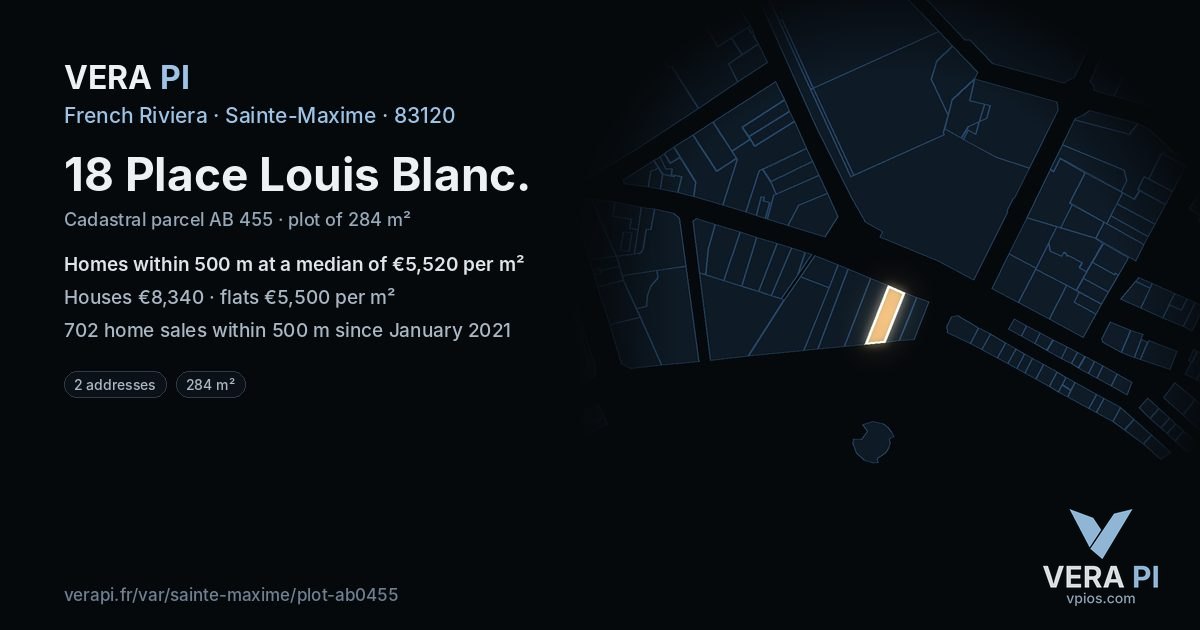 18 Place Louis Blanc, Sainte-Maxime at night – the plot lit, the parcels around coloured by the prices near them