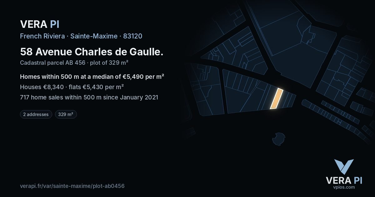 58 Avenue Charles de Gaulle, Sainte-Maxime at night – the plot lit, the parcels around coloured by the prices near them