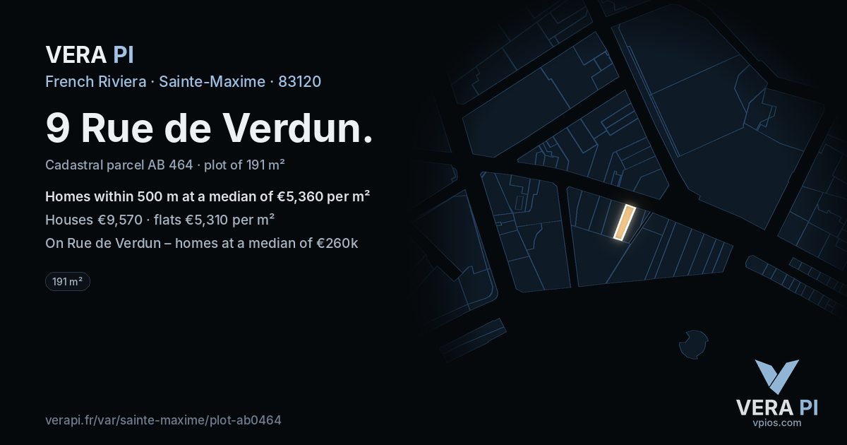 9 Rue de Verdun, Sainte-Maxime at night – the plot lit, the parcels around coloured by the prices near them