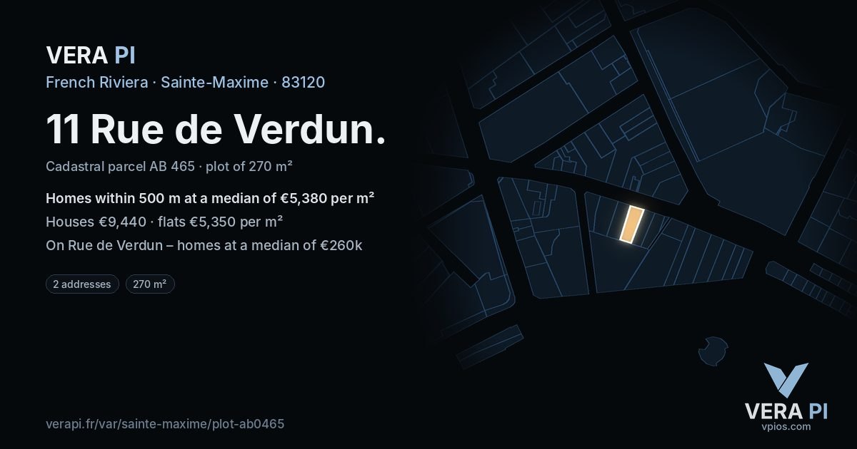 11 Rue de Verdun, Sainte-Maxime at night – the plot lit, the parcels around coloured by the prices near them