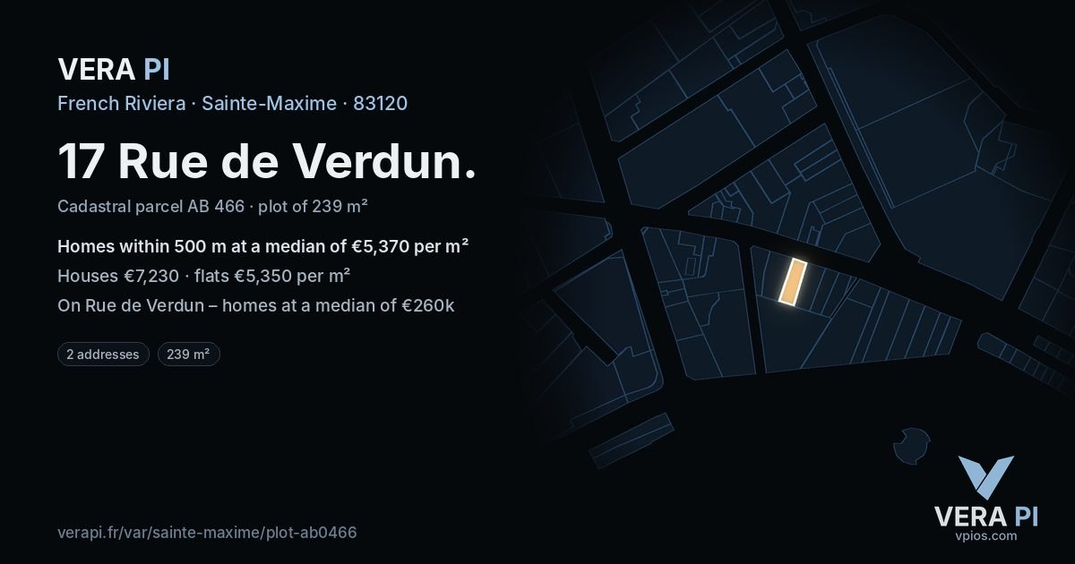 17 Rue de Verdun, Sainte-Maxime at night – the plot lit, the parcels around coloured by the prices near them
