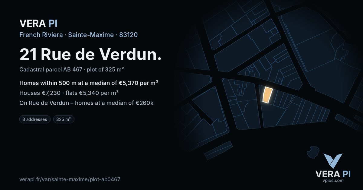21 Rue de Verdun, Sainte-Maxime at night – the plot lit, the parcels around coloured by the prices near them