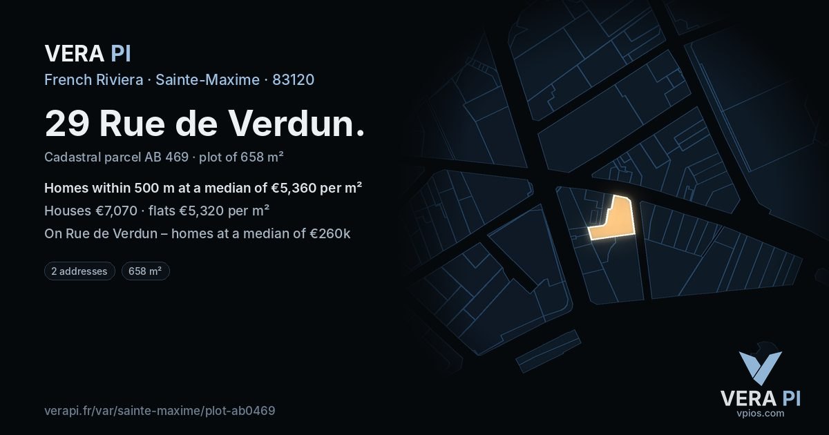 29 Rue de Verdun, Sainte-Maxime at night – the plot lit, the parcels around coloured by the prices near them