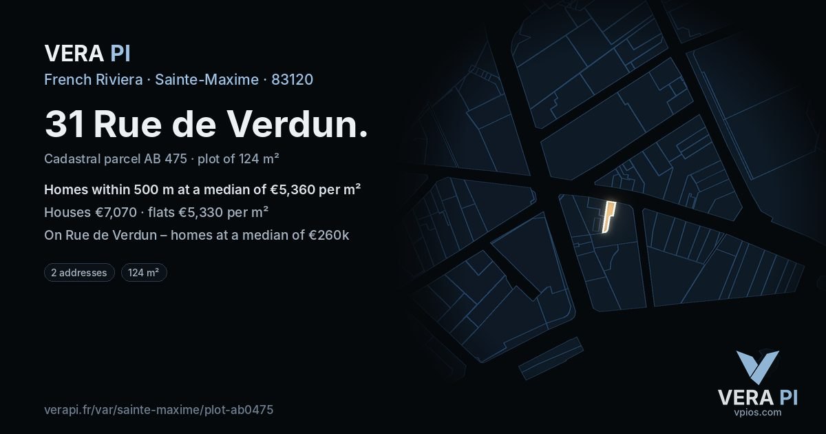 31 Rue de Verdun, Sainte-Maxime at night – the plot lit, the parcels around coloured by the prices near them