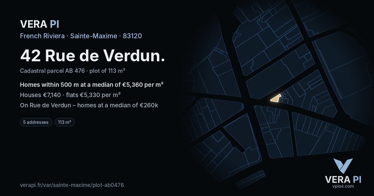 42 Rue de Verdun, Sainte-Maxime at night – the plot lit, the parcels around coloured by the prices near them