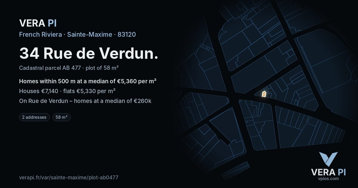 34 Rue de Verdun, Sainte-Maxime at night – the plot lit, the parcels around coloured by the prices near them